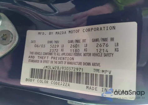 2003 Mazda Mpv Es/Lx/Lx-Sv z USA, uszkodzony, nr VIN JM3LW28J930372971